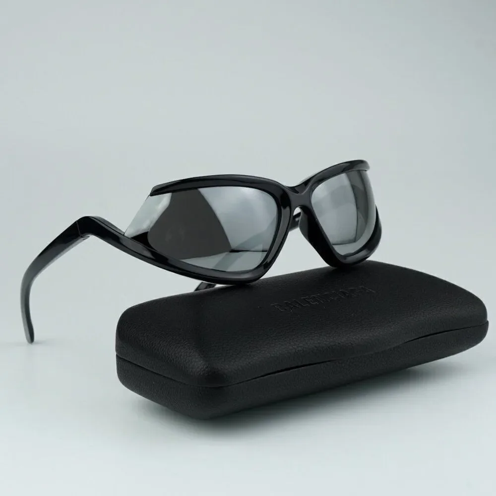 NEW Balenciaga BB0289S 001 Black Silver Mirror Wraparound Unisex Sunglasses